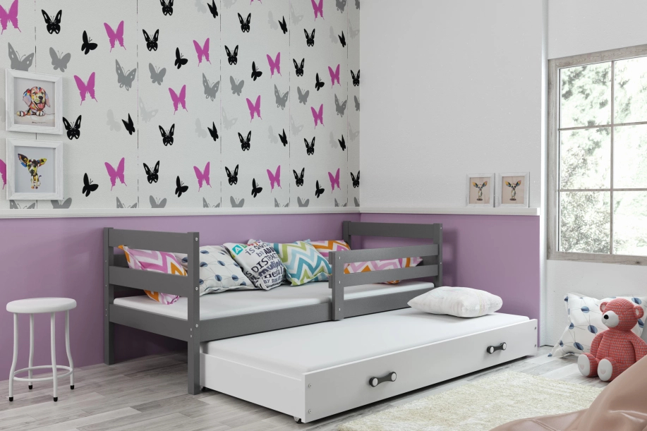 Ausziehbett für Jugendliche Erik, 80x190, mit Matratze und Schublade, grau/weiß