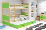 Etagenbett für drei Personen Richard, 90x200, mit Matratze und Schublade, Kiefer/grün