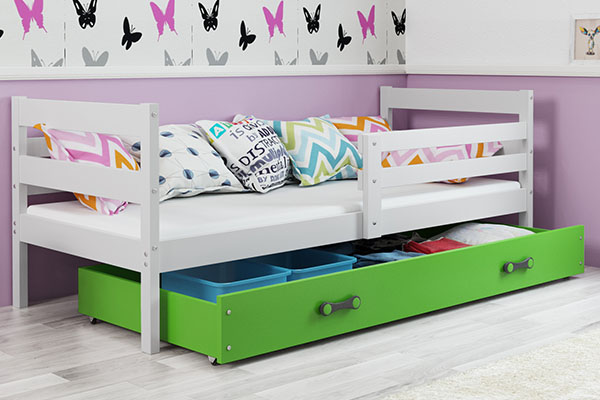 Jugendbett Erik, 80x190, mit Matratze und Schublade, weiß/grün