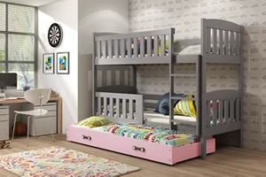 Etagenbett für drei Personen Jakob, 90x190, mit Matratze und Schublade, grau/rosa