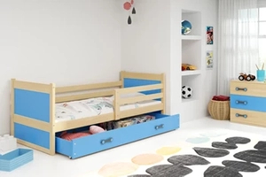 Jugendbett Richard, 80x190, mit Matratze und Schublade, Kiefer/blau