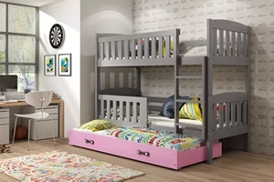 Etagenbett für drei Personen Jakob, 90x200, mit Schublade, grau/rosa