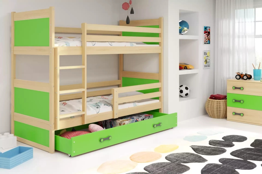 Stockbett für Jugendliche Richard, 90x190, mit Schublade, Kiefer/grün