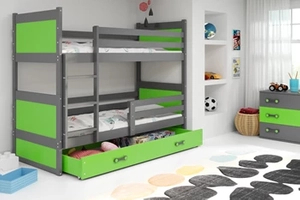 Stockbett für Jugendliche Richard, 90x200, mit Matratze und Schublade, grau/grün