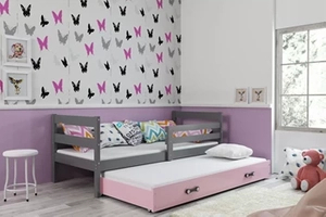 Ausziehbett für Jugendliche Erik, 80x190, mit Matratze und Schublade, grau/rosa