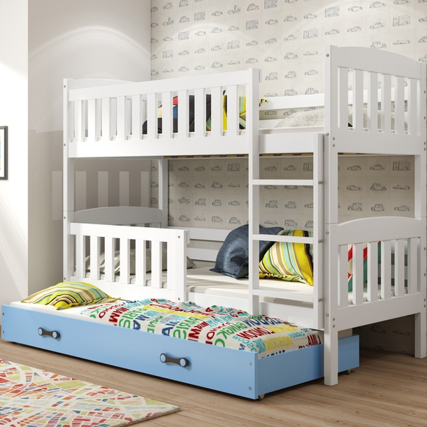 Etagenbett für drei Personen Jakob, 90x190, mit Matratze und Schublade, weiß/blau