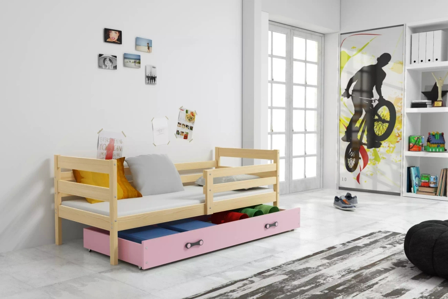 Jugendbett Erik, 80x190, mit Schublade, Kiefer/rosa