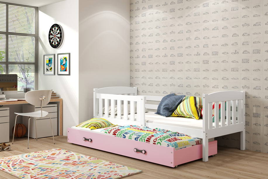 Ausziehbett für Jugendliche Jakob, 90x200, mit Schublade, weiß/rosa