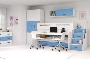 Hochbett für drei Personen Max 1, 80x200, mit Matratze und Schreibtisch, blau