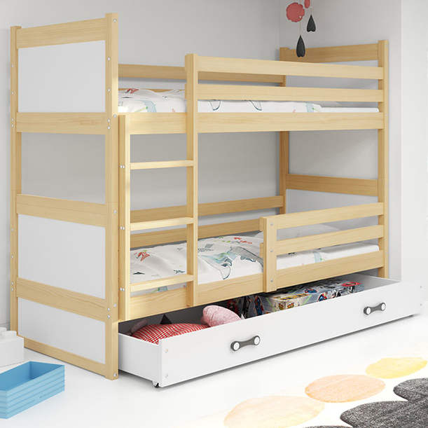 Stockbett für Jugendliche Richard, 90x200, mit Matratze und Schublade, Kiefer/weiß