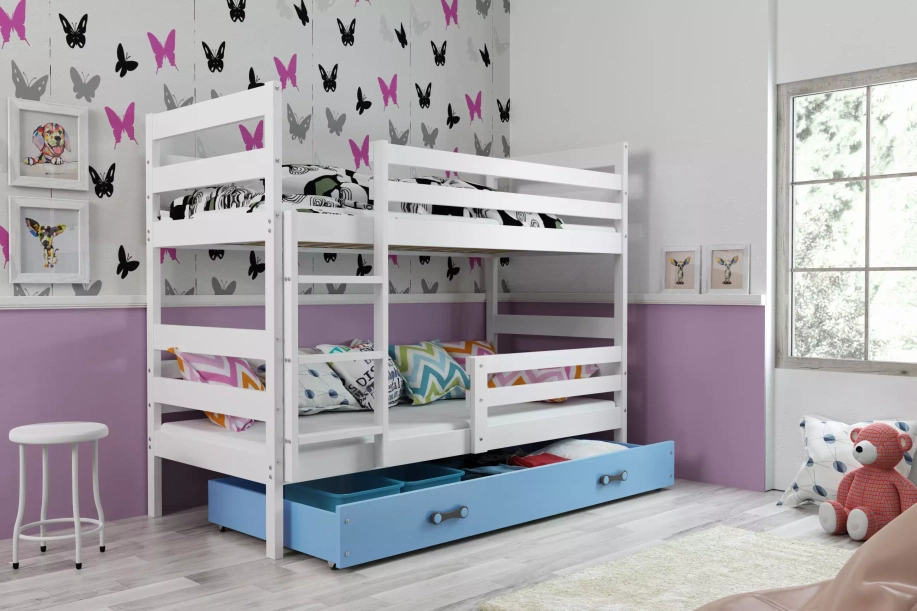 Stockbett für Jugendliche Erik, 90x200, mit Schublade, weiß/blau
