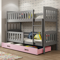 Stockbett für Jugendliche Jakob, 90x190, mit Matratze und Schublade, grau/rosa