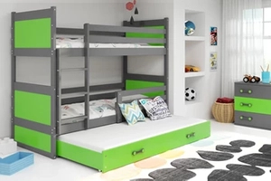 Etagenbett für drei Personen Richard, 90x200, mit Matratze und Schublade, grau/grün