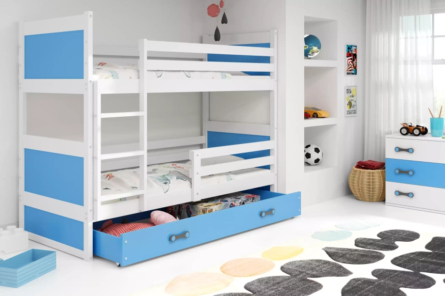 Stockbett für Jugendliche Richard, 90x200, mit Schublade, weiß/blau