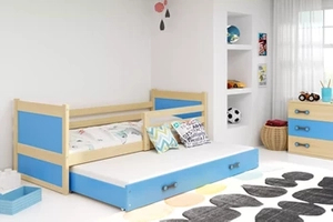 Ausziehbett für Jugendliche Richard, 80x190, mit Matratze und Schublade, Kiefer/blau