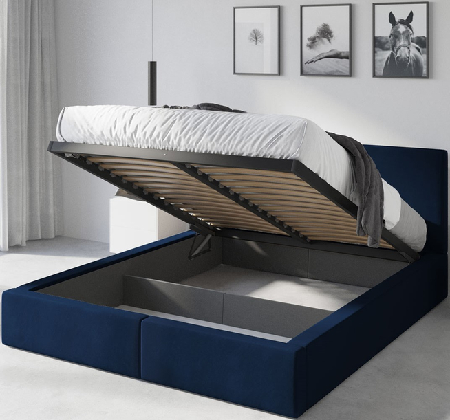 Polsterbett Schlafzimmerbett Doppelbett HILTON 160X200 mit Matratze und Stauraum, blau