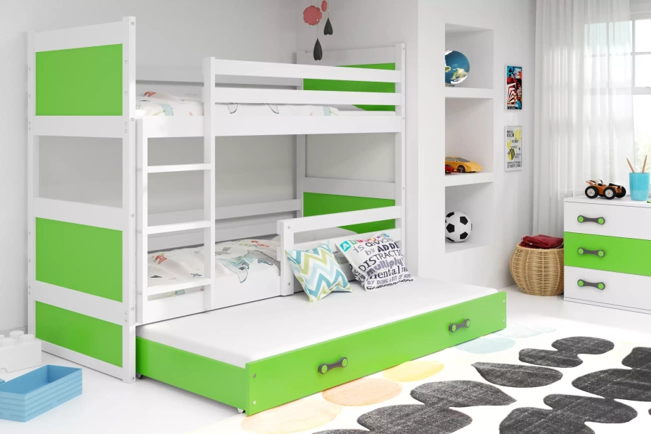 Etagenbett für drei Personen Richard, 90x200, mit Schublade, weiß/grün