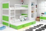 Etagenbett für drei Personen Richard, 90x200, mit Matratze und Schublade, weiß/grün