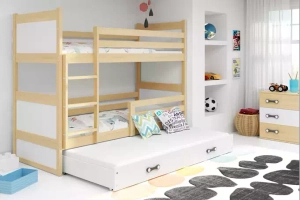 Etagenbett für drei Personen Richard, 90x190, mit Matratze und Schublade, Kiefer/weiß