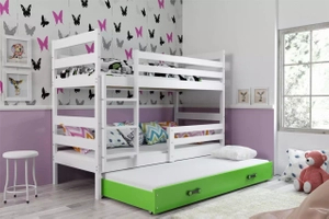 Etagenbett für drei Personen Erik, 90x200, mit Matratze und Schublade, weiß/grün