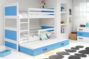 Etagenbett für drei Personen Richard, 90x200, mit Matratze und Schublade, weiß/blau