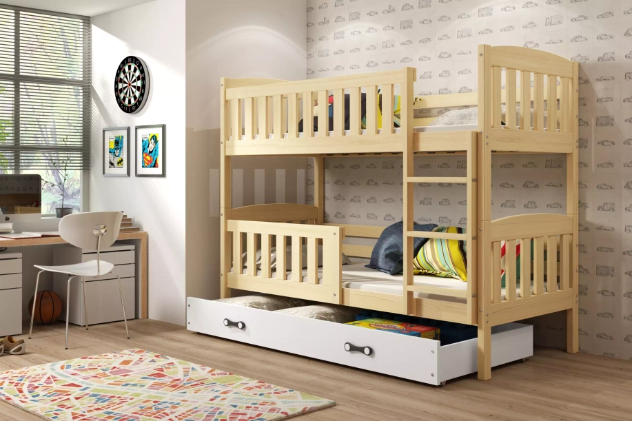 Stockbett für Jugendliche Jakob, 90x200, mit Matratze und Schublade, Kiefer/weiß