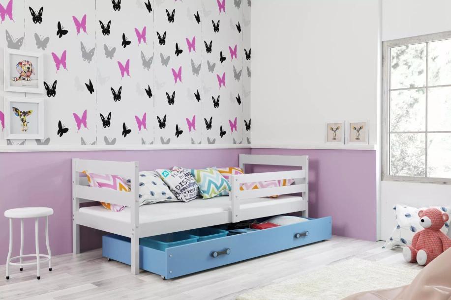Jugendbett Erik, 80x190, mit Matratze und Schublade, weiß/blau
