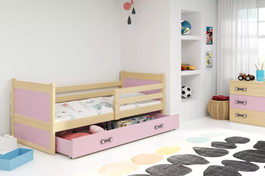 Jugendbett Richard, 90x190, mit Matratze und Schublade, Kiefer/rosa