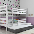 Etagenbett für drei Personen Erik, 90x200, mit Matratze und Schublade, weiß/grau
