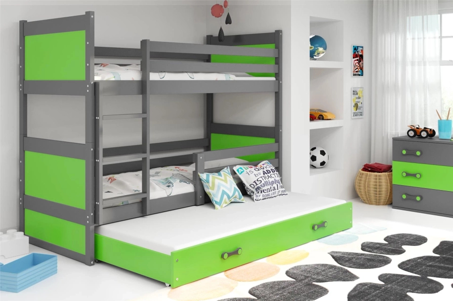 Etagenbett für drei Personen Richard, 90x190, mit Matratze und Schublade, grau/grün
