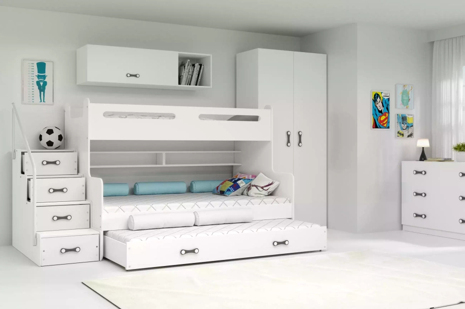 Etagenbett für drei Personen Max 3, 120x200, mit Matratze und Schublade, weiß