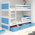Stockbett für Jugendliche Richard, 90x200, mit Matratze und Schublade, weiß/blau