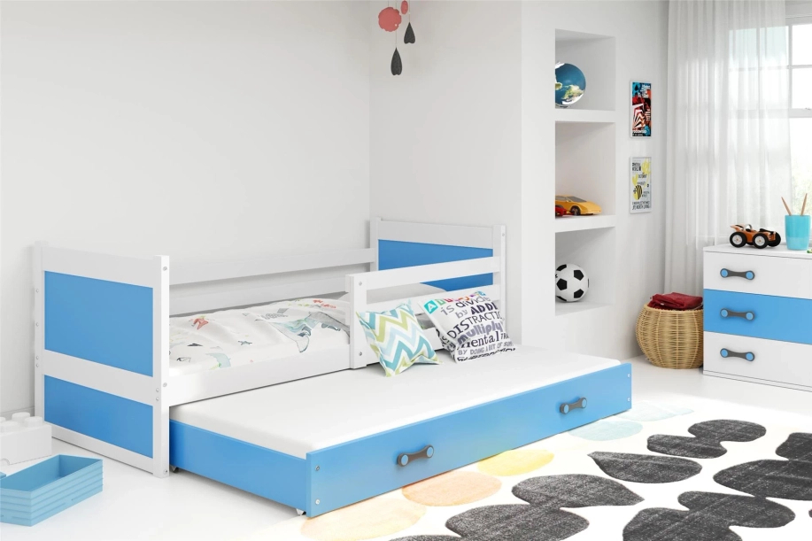 Ausziehbett für Jugendliche Richard, 90x190, mit Matratze und Schublade, weiß/blau