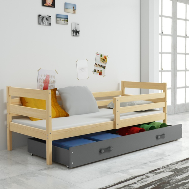 Jugendbett Erik, 90x190, mit Matratze und Schublade, Kiefer/grau