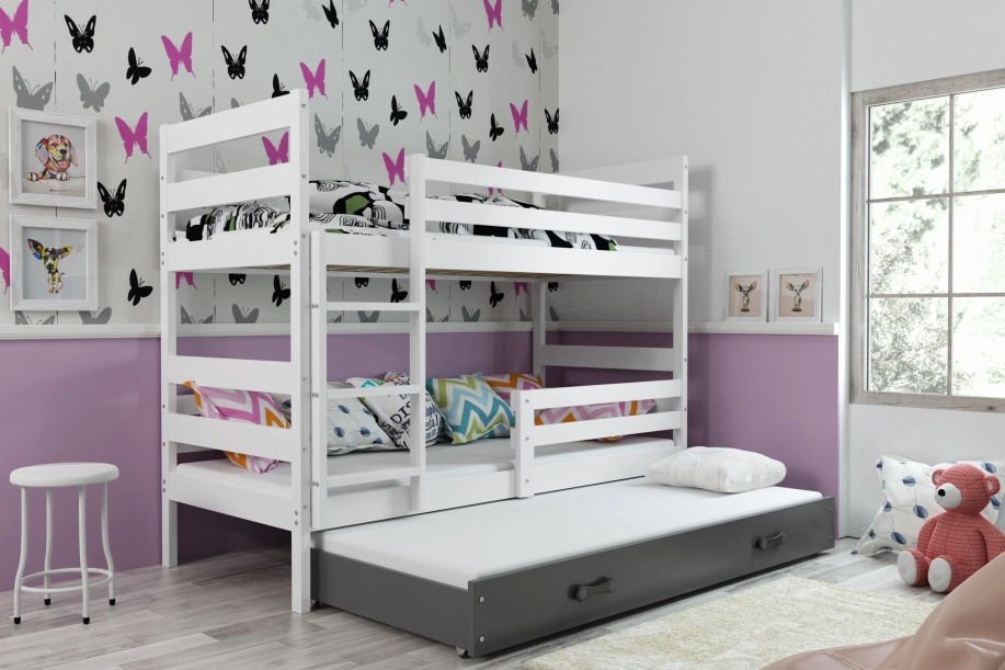 Etagenbett für drei Personen Erik, 90x200, mit Matratze und Schublade, weiß/grau