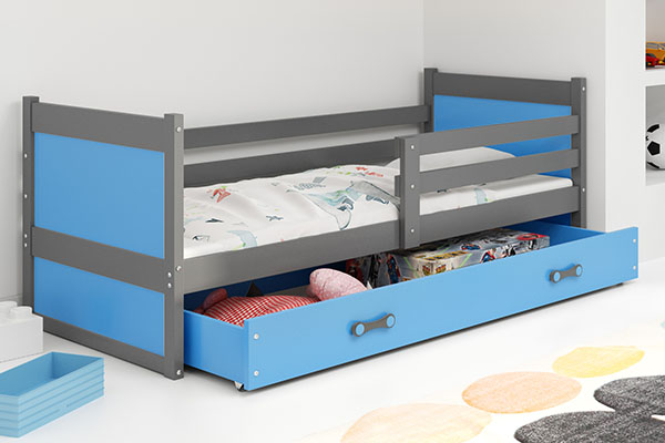 Jugendbett Richard, 90x200, mit Schublade, grau/blau