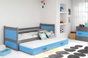 Ausziehbett für Jugendliche Richard, 90x190, mit Matratze und Schublade, grau/blau