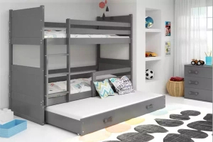 Etagenbett für drei Personen Richard, 90x190, mit Matratze und Schublade, grau