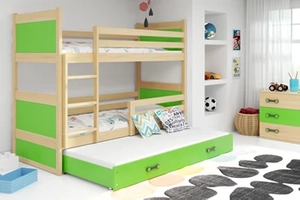 Etagenbett für drei Personen Richard, 90x200, mit Matratze und Schublade, Kiefer/grün