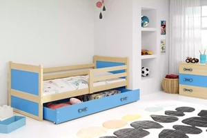 Jugendbett Richard, 80x190, mit Schublade, Kiefer/blau