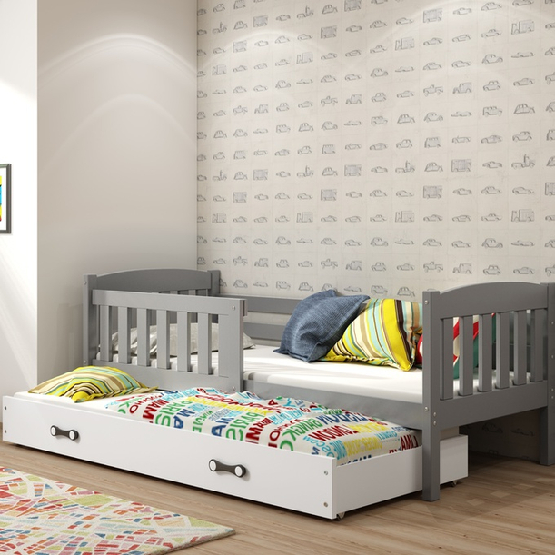 Ausziehbett für Jugendliche Jakob, 90x190, mit Matratze und Schublade, grau/weiß