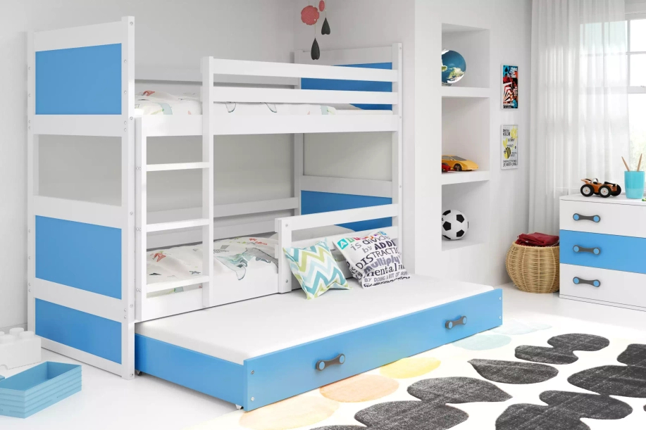 Etagenbett für drei Personen Richard, 90x200, mit Schublade, weiß/blau