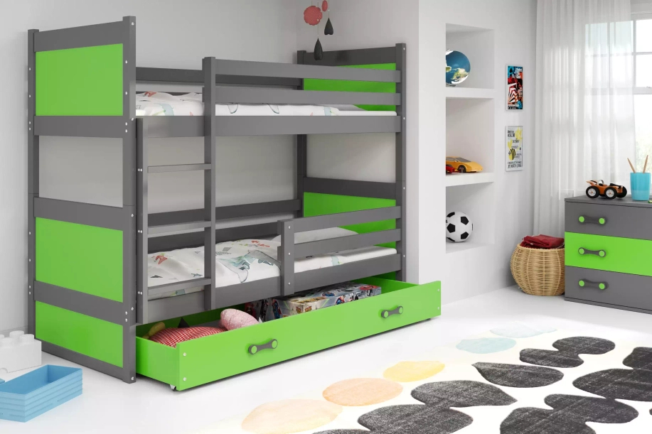 Stockbett für Jugendliche Richard, 90x200, mit Schublade, grau/grün
