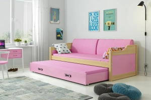 Ausziehbett für Jugendliche David, 90x200, mit Matratze und Schublade, Kiefer/rosa
