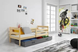 Jugendbett Erik, 90x190, mit Matratze und Schublade, Kiefer/grau