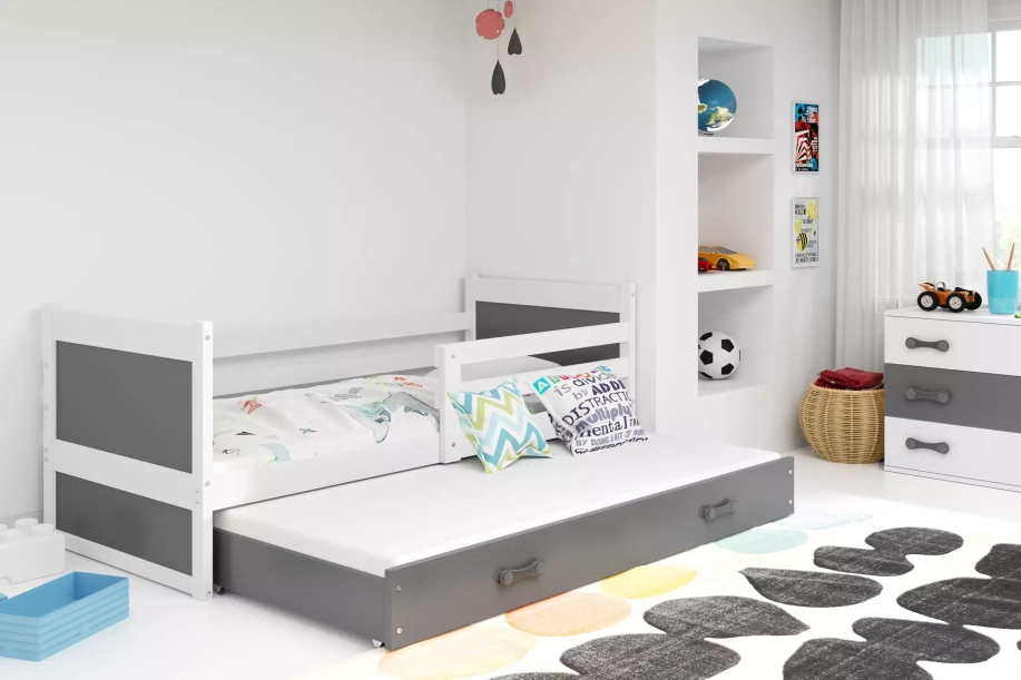 Ausziehbett für Jugendliche Richard, 80x190, mit Matratze und Schublade, weiß/grau