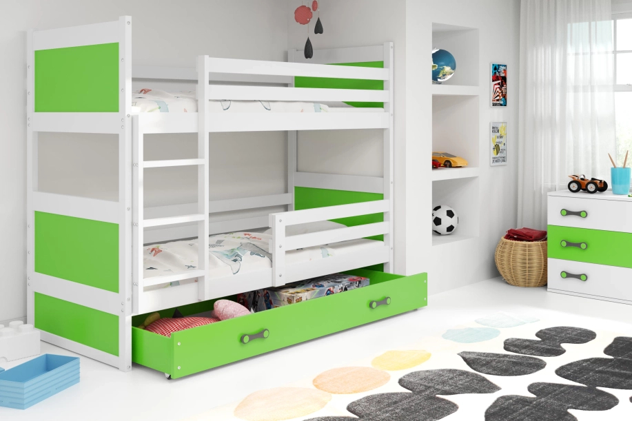 Stockbett für Jugendliche Richard, 90x200, mit Matratze und Schublade, weiß/grün