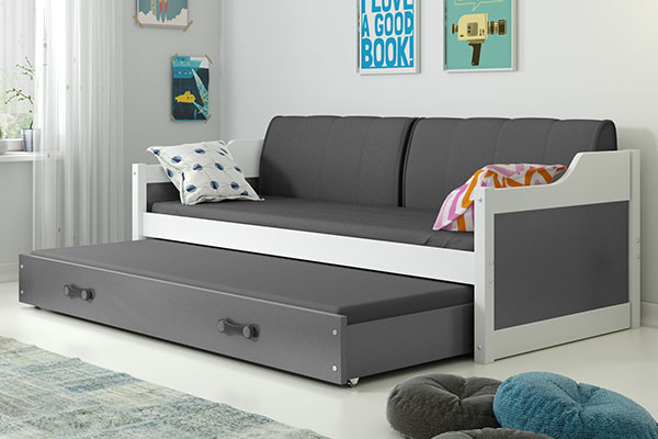 Ausziehbett für Jugendliche David, 90x200, mit Matratze und Schublade, weiß/grau
