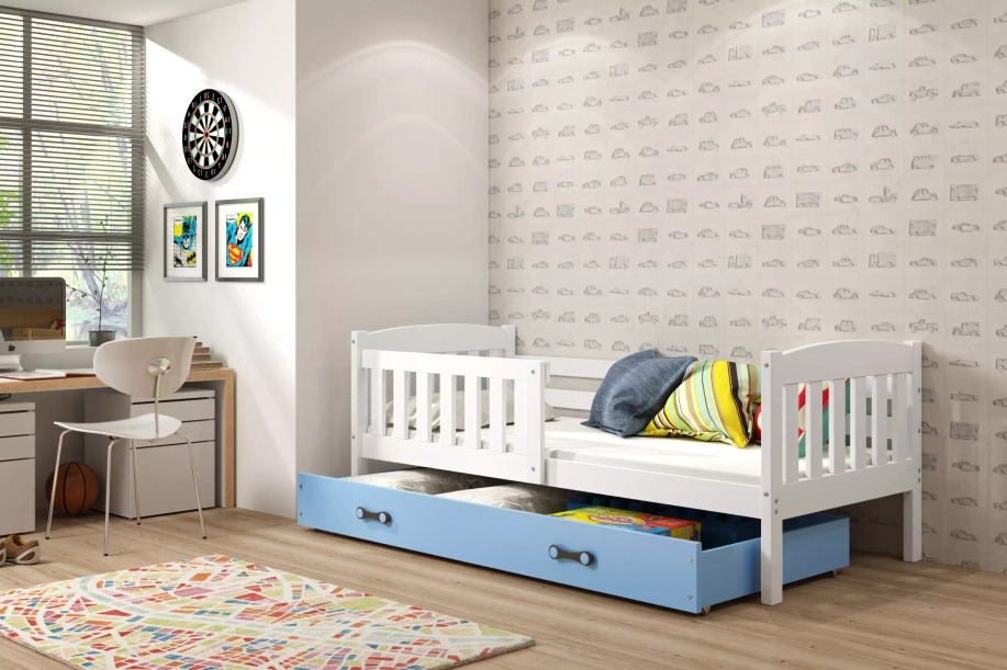 Jugendbett Jakob, 80x190, mit Schublade, weiß/blau