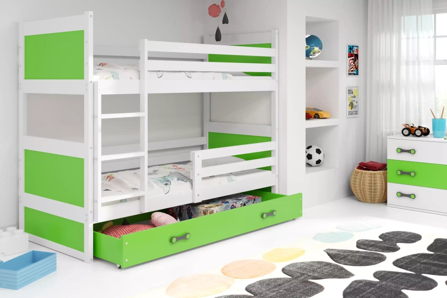 Stockbett für Jugendliche Richard, 90x200, mit Schublade, weiß/grün